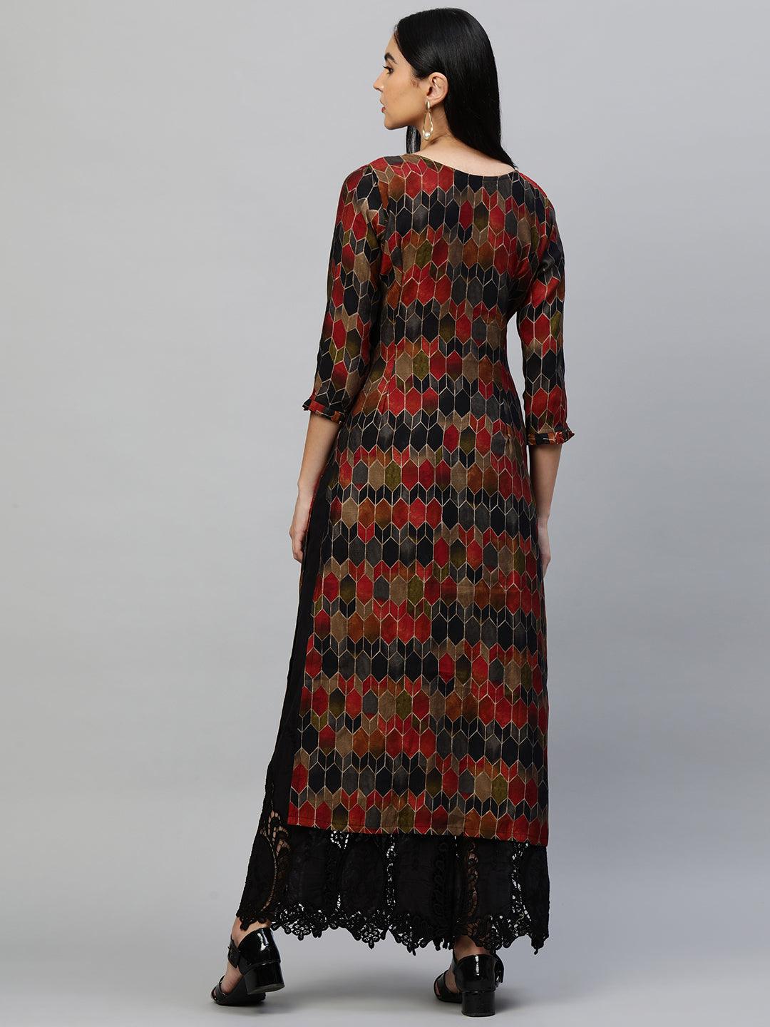 Ethnic Colorful Printed & Hand Embroidered Straight Kurta - Multi - Indiakreations