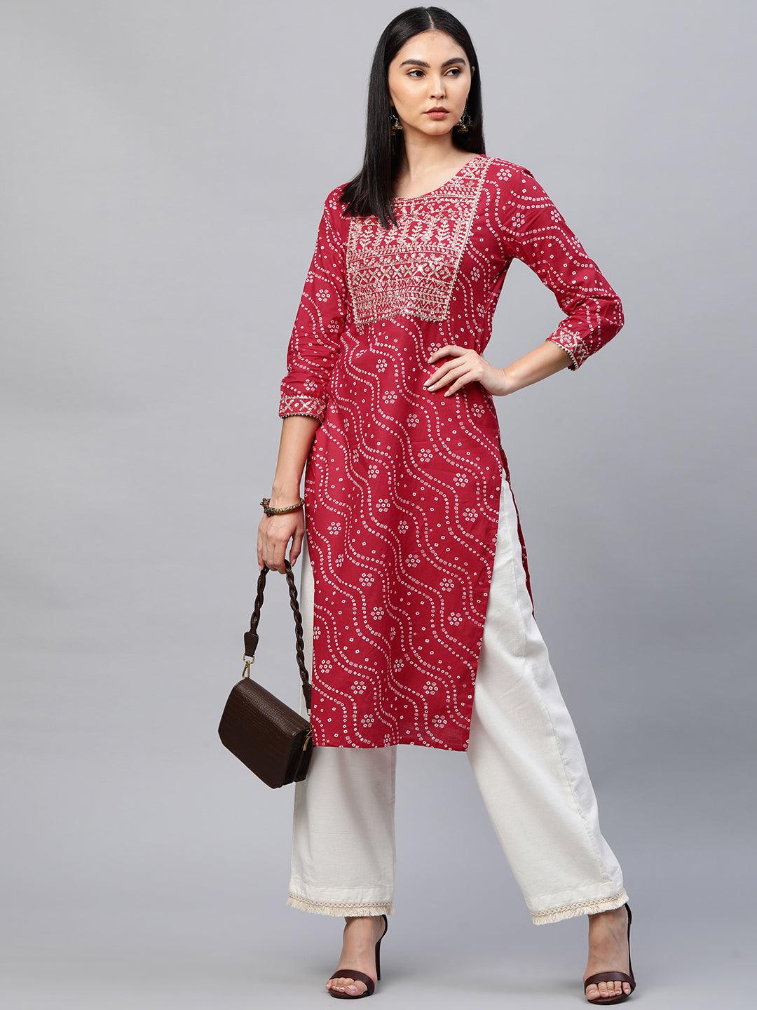 Bandhani Printed & Sequin Embroidered Straight Kurta - Red - Indiakreations