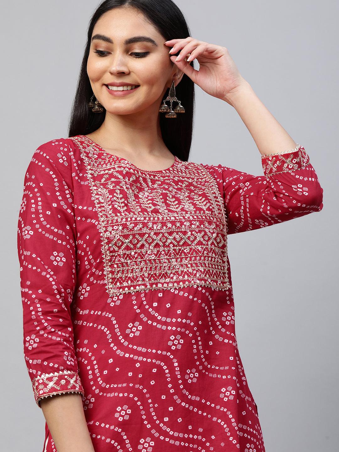 Bandhani Printed & Sequin Embroidered Straight Kurta - Red - Indiakreations