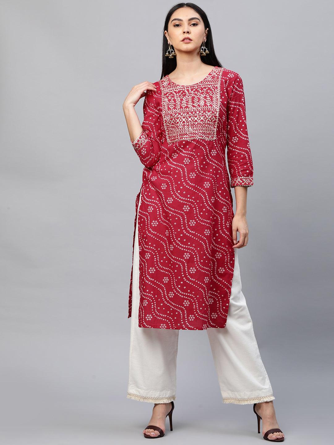 Bandhani Printed & Sequin Embroidered Straight Kurta - Red - Indiakreations