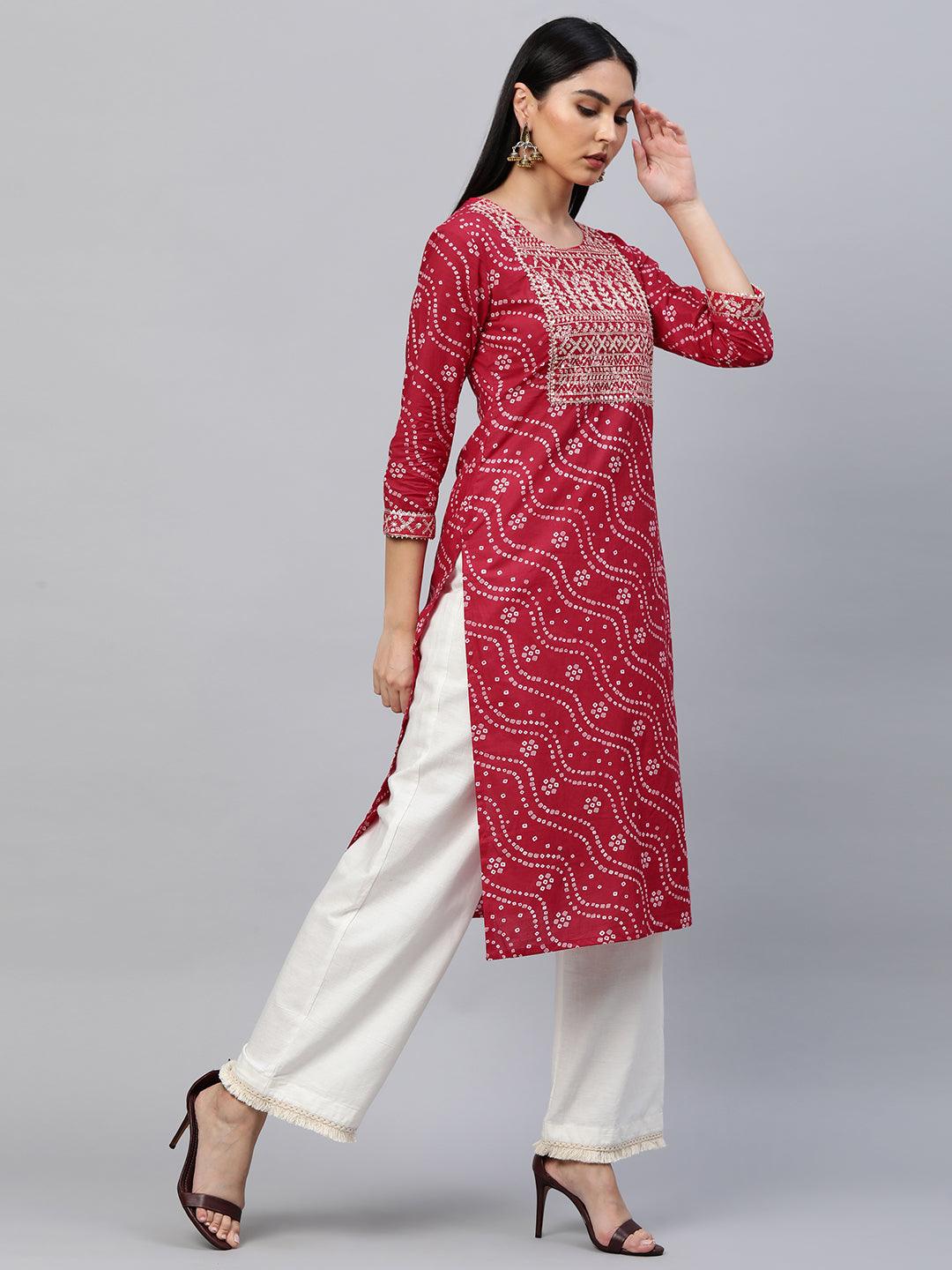 Bandhani Printed & Sequin Embroidered Straight Kurta - Red - Indiakreations