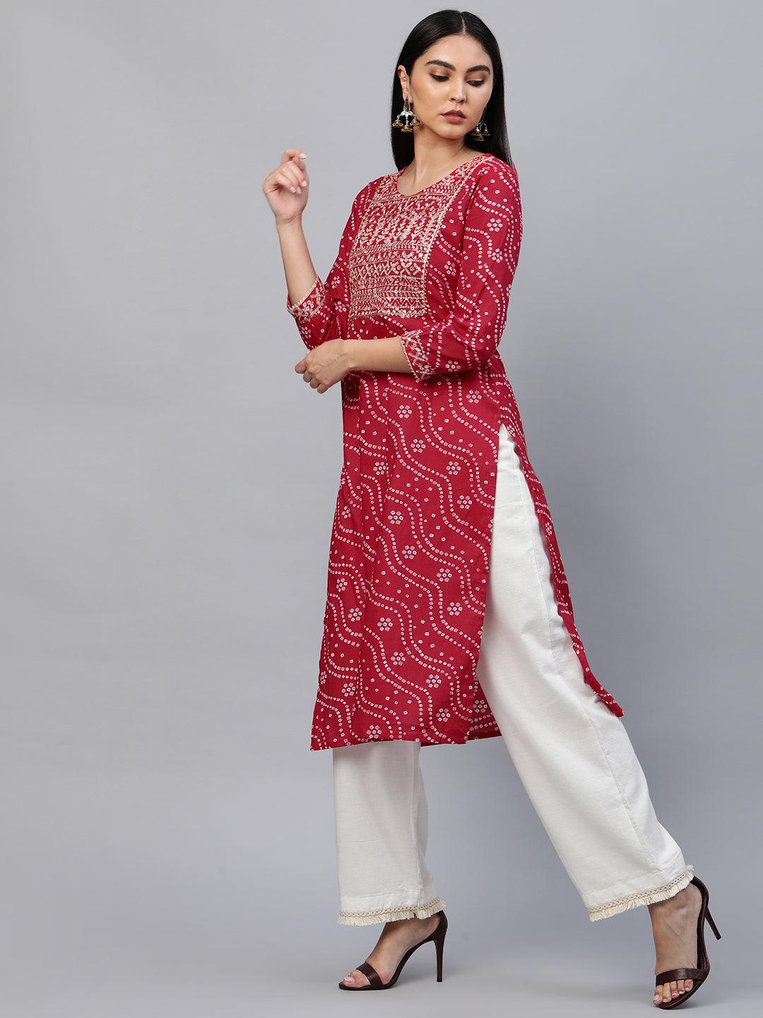 Bandhani Printed & Sequin Embroidered Straight Kurta - Red - Indiakreations