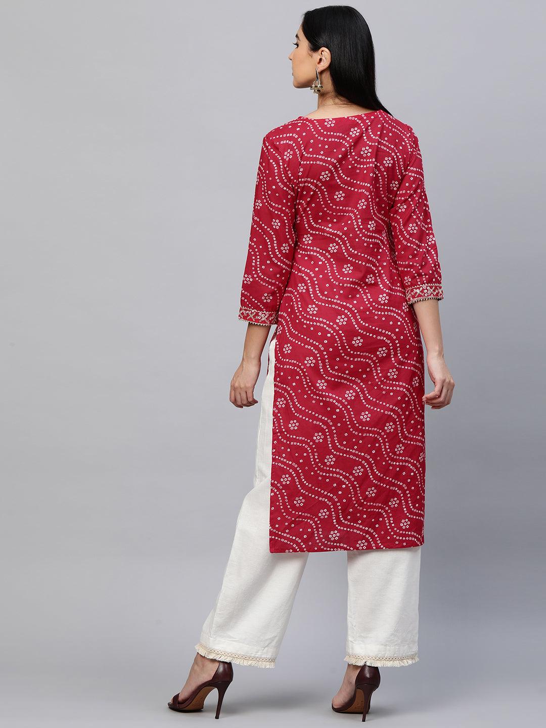 Bandhani Printed & Sequin Embroidered Straight Kurta - Red - Indiakreations