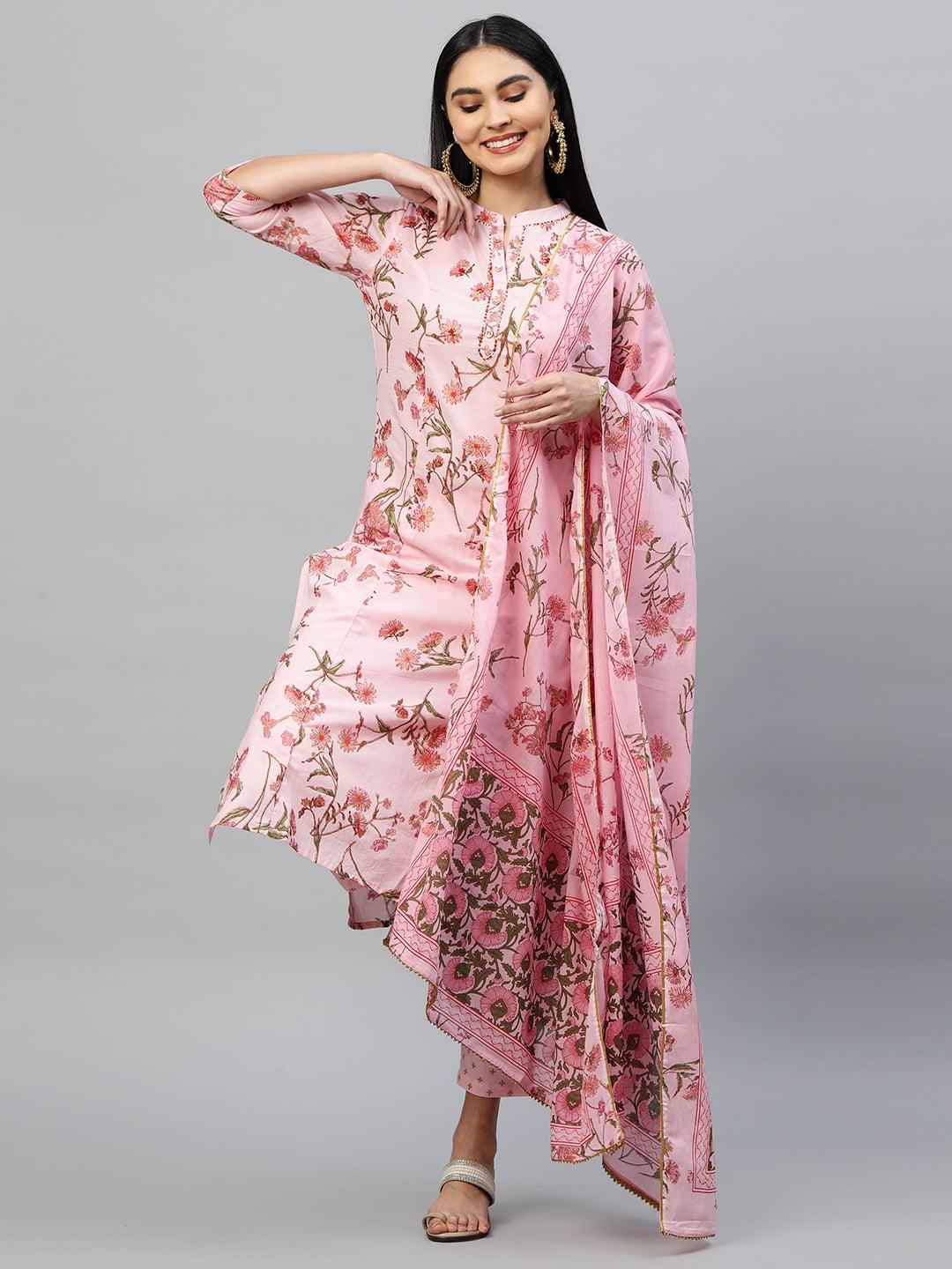 Floral Printed Kurta & Dupatta with Printed Pant - Pastel Pink - Indiakreations