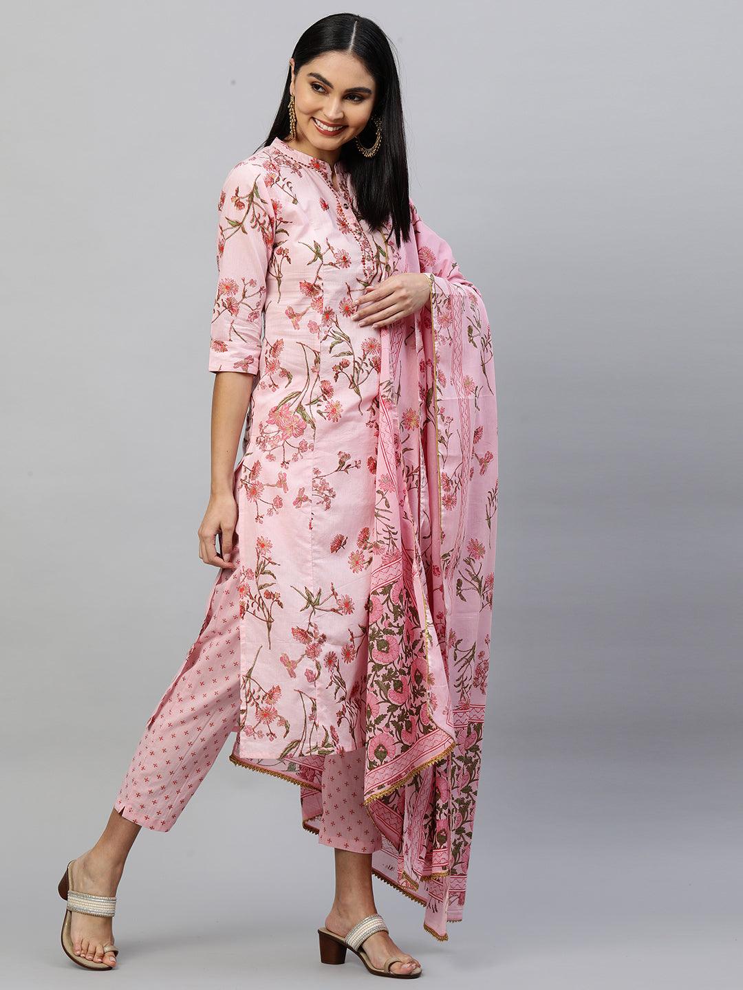 Floral Printed Kurta & Dupatta with Printed Pant - Pastel Pink - Indiakreations