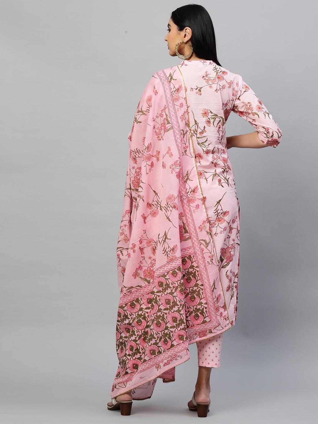 Floral Printed Kurta & Dupatta with Printed Pant - Pastel Pink - Indiakreations