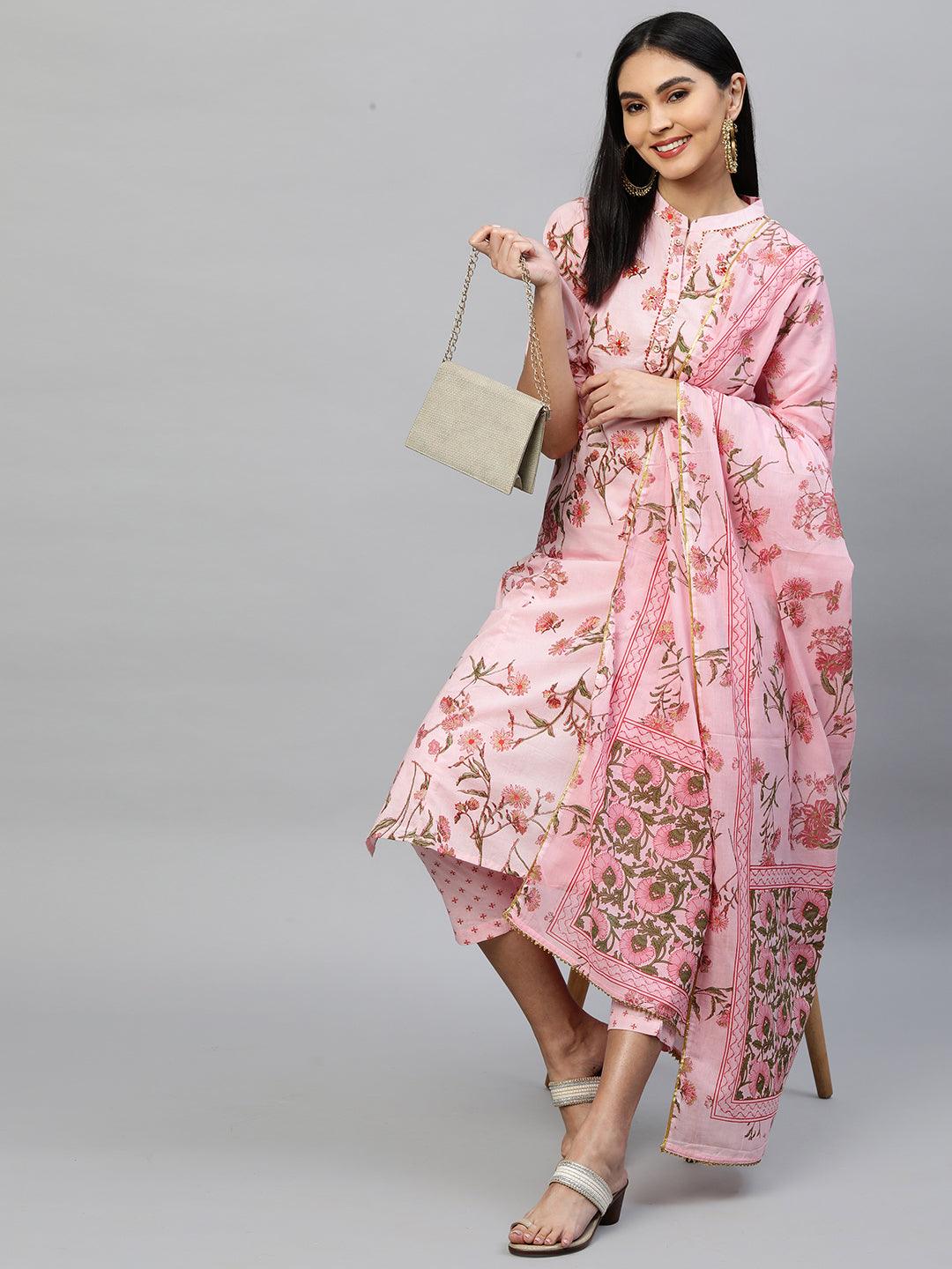 Floral Printed Kurta & Dupatta with Printed Pant - Pastel Pink - Indiakreations