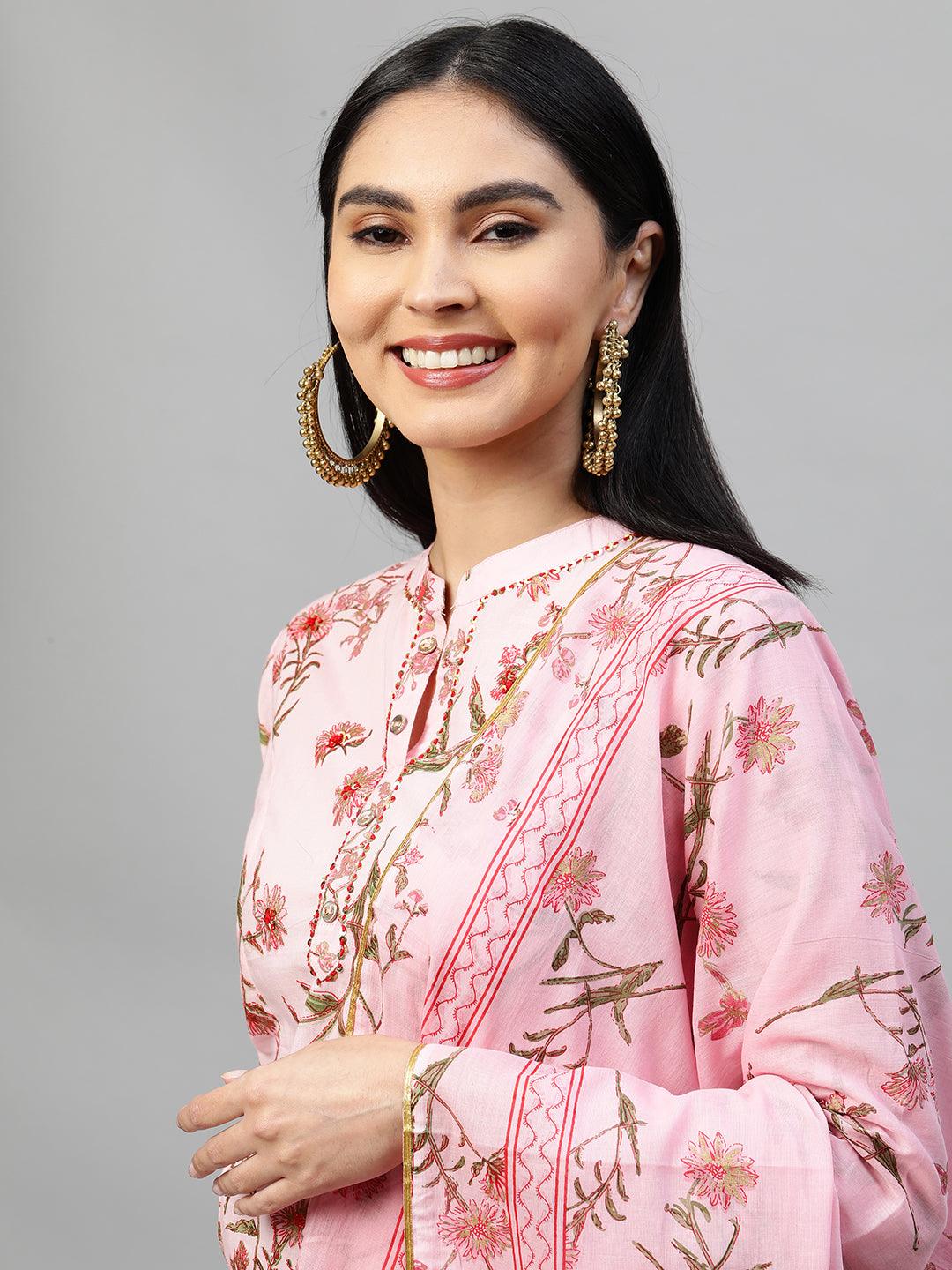 Floral Printed Kurta & Dupatta with Printed Pant - Pastel Pink - Indiakreations