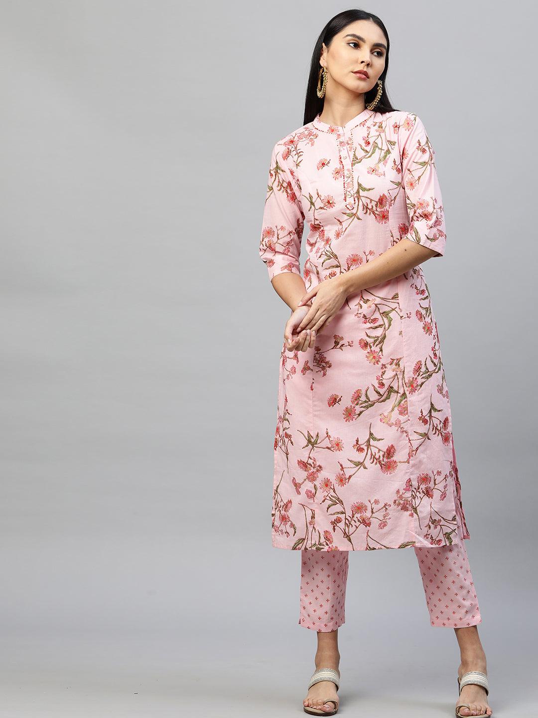 Floral Printed Kurta & Dupatta with Printed Pant - Pastel Pink - Indiakreations