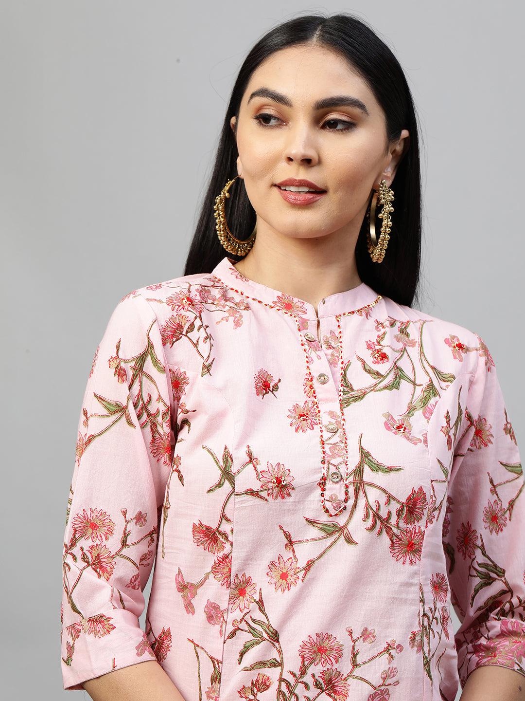 Floral Printed Kurta & Dupatta with Printed Pant - Pastel Pink - Indiakreations