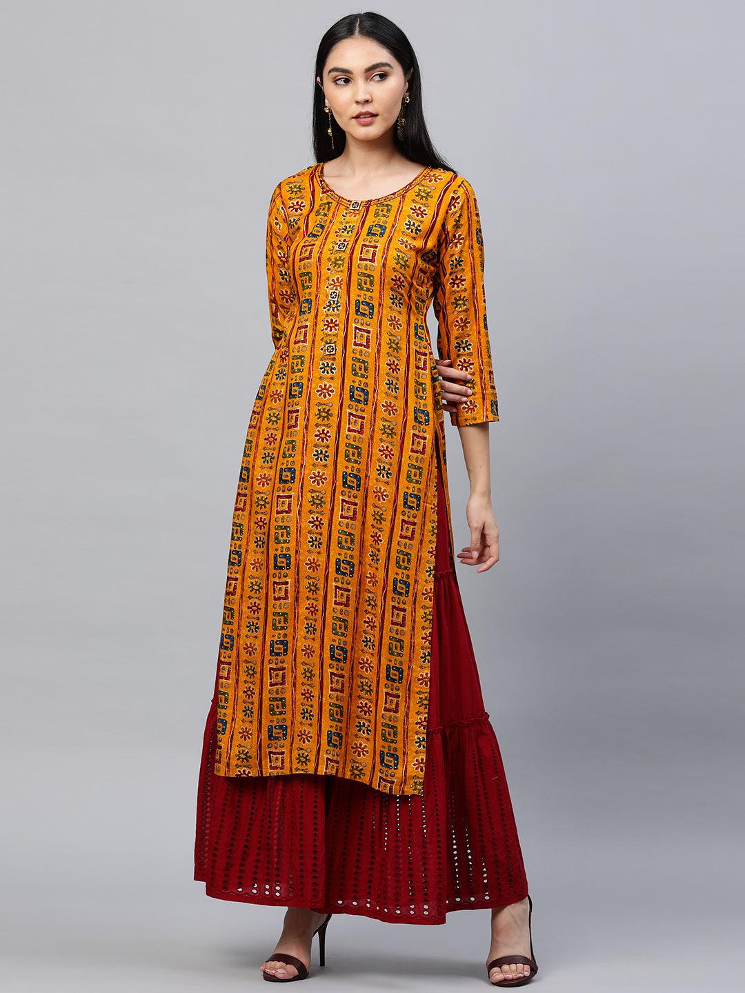 Ethnic Foil Printed Straight Kurta - Mustard - Indiakreations