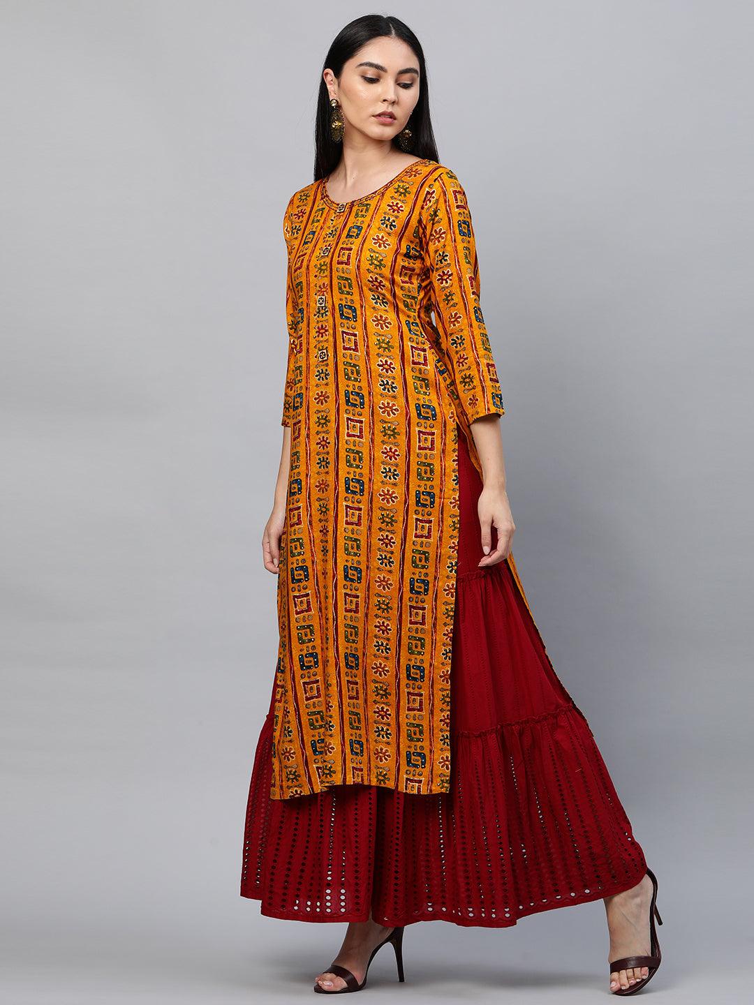 Ethnic Foil Printed Straight Kurta - Mustard - Indiakreations