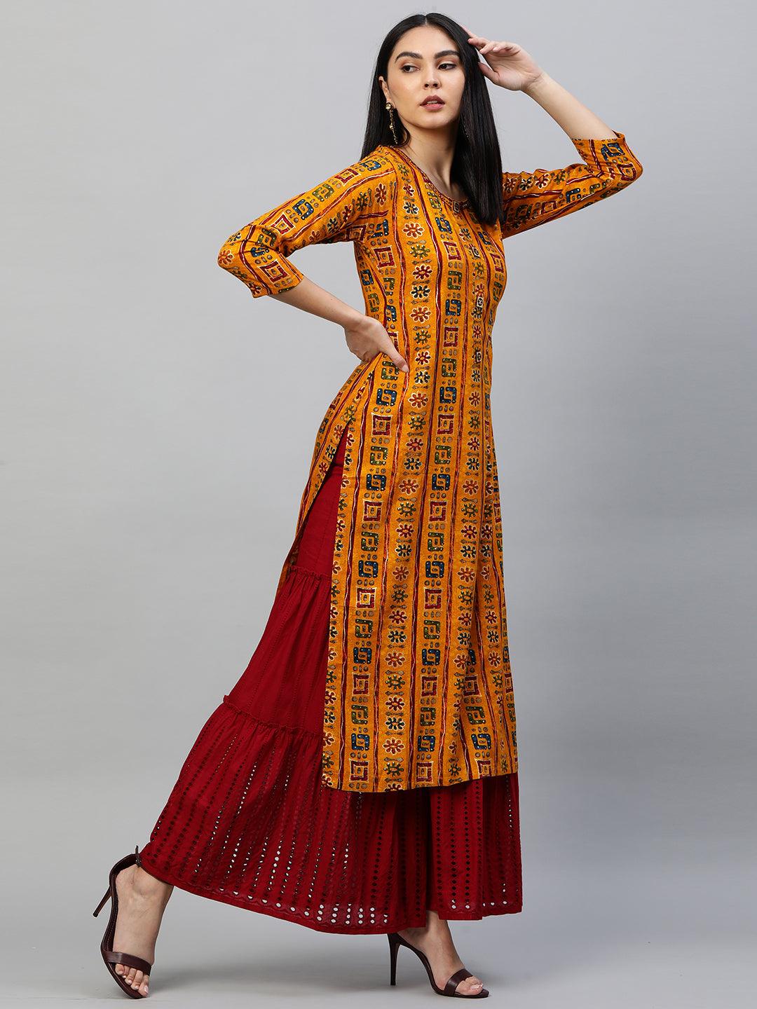 Ethnic Foil Printed Straight Kurta - Mustard - Indiakreations