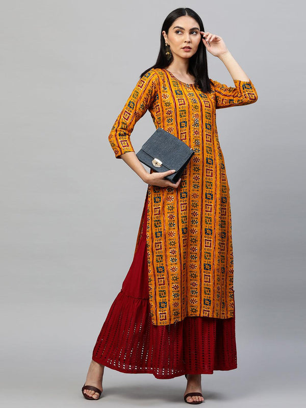 Ethnic Foil Printed Straight Kurta - Mustard - Indiakreations