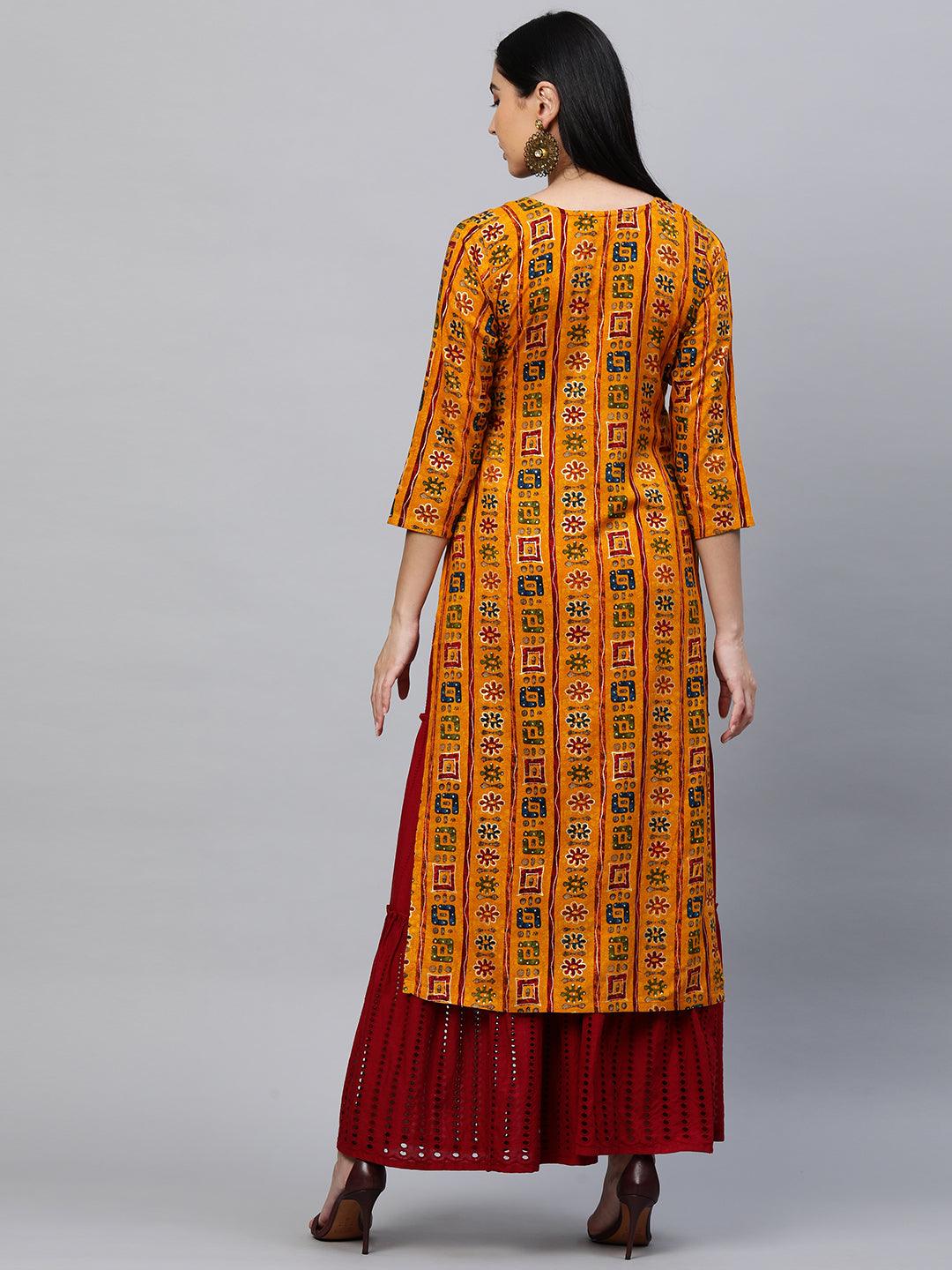 Ethnic Foil Printed Straight Kurta - Mustard - Indiakreations