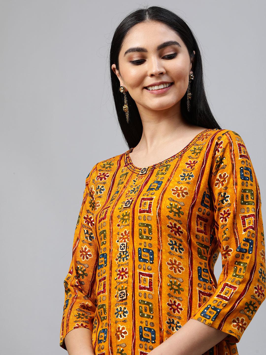 Ethnic Foil Printed Straight Kurta - Mustard - Indiakreations