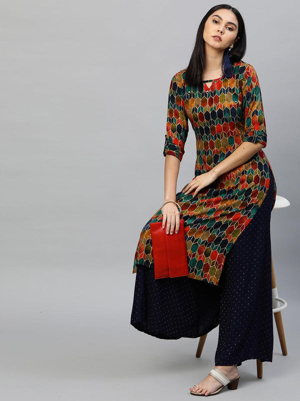 Ethnic Colorful Printed Straight Kurta - Multi - Indiakreations