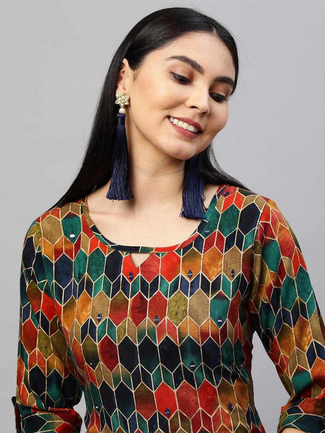 Ethnic Colorful Printed Straight Kurta - Multi - Indiakreations