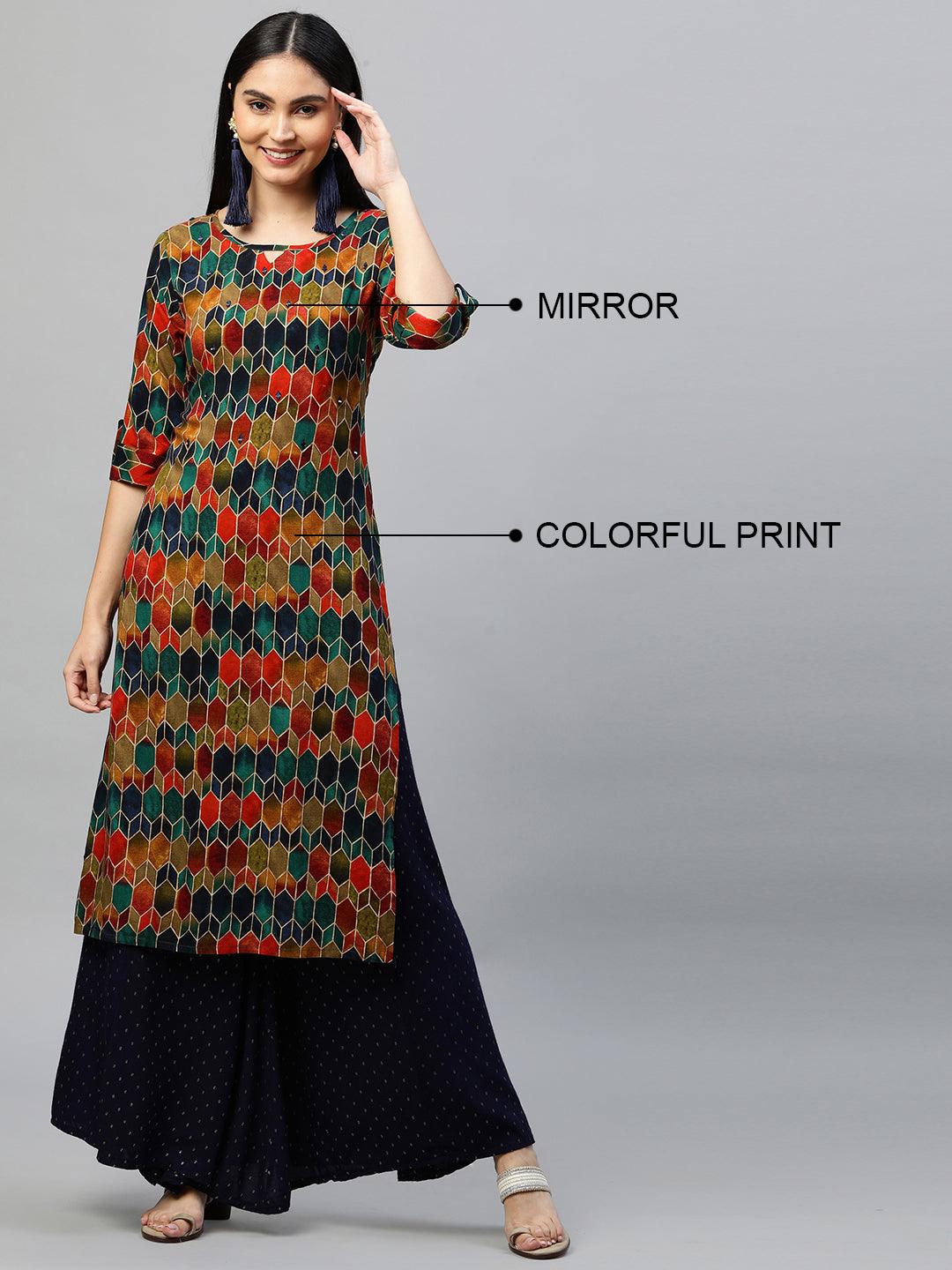 Ethnic Colorful Printed Straight Kurta - Multi - Indiakreations