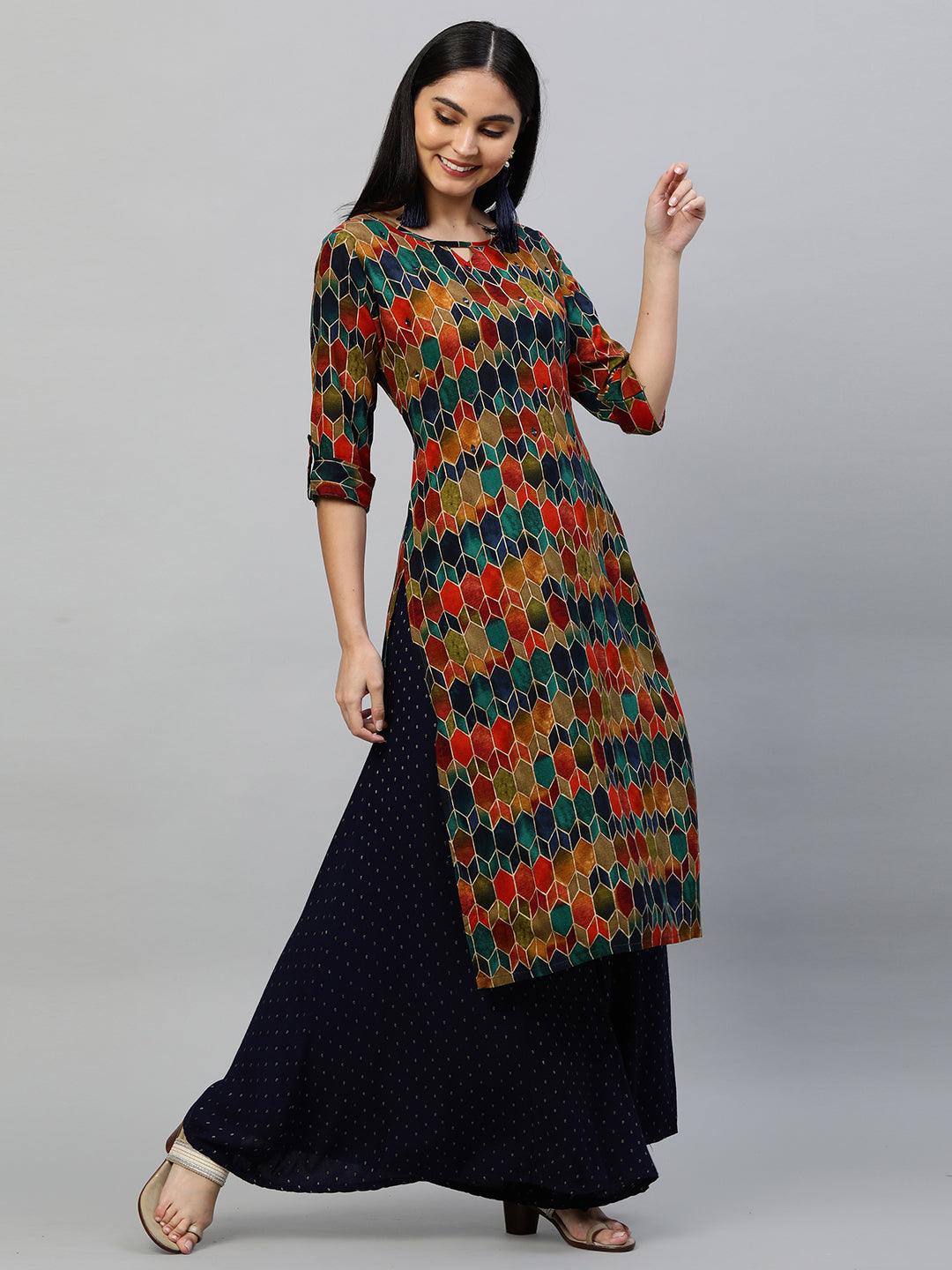 Ethnic Colorful Printed Straight Kurta - Multi - Indiakreations