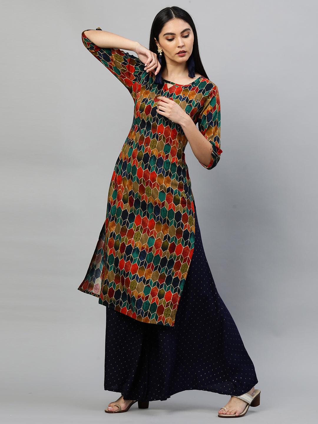 Ethnic Colorful Printed Straight Kurta - Multi - Indiakreations