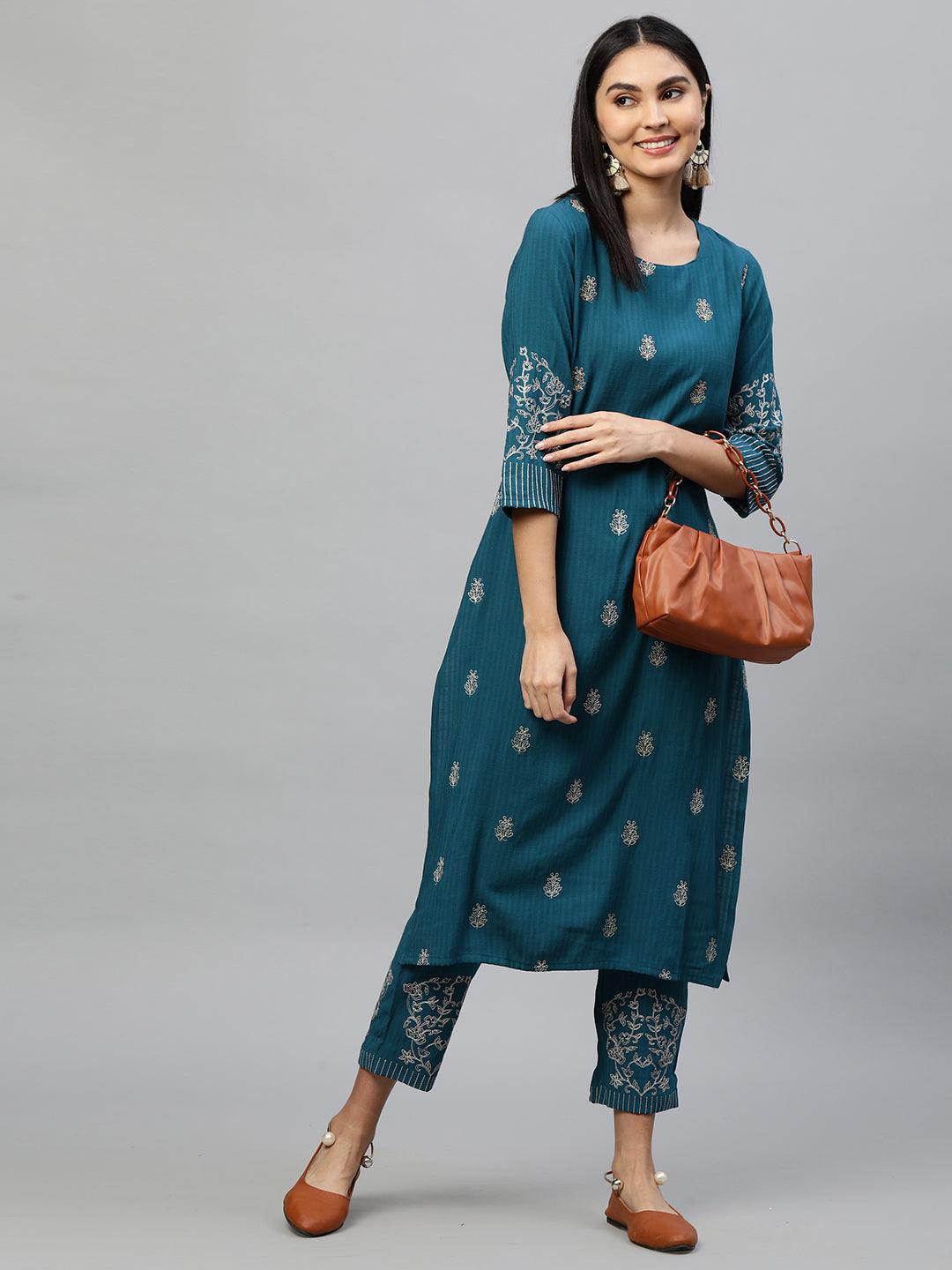 Ethnic Floral Embroidered Kurta & Pant – Teal Blue - Indiakreations