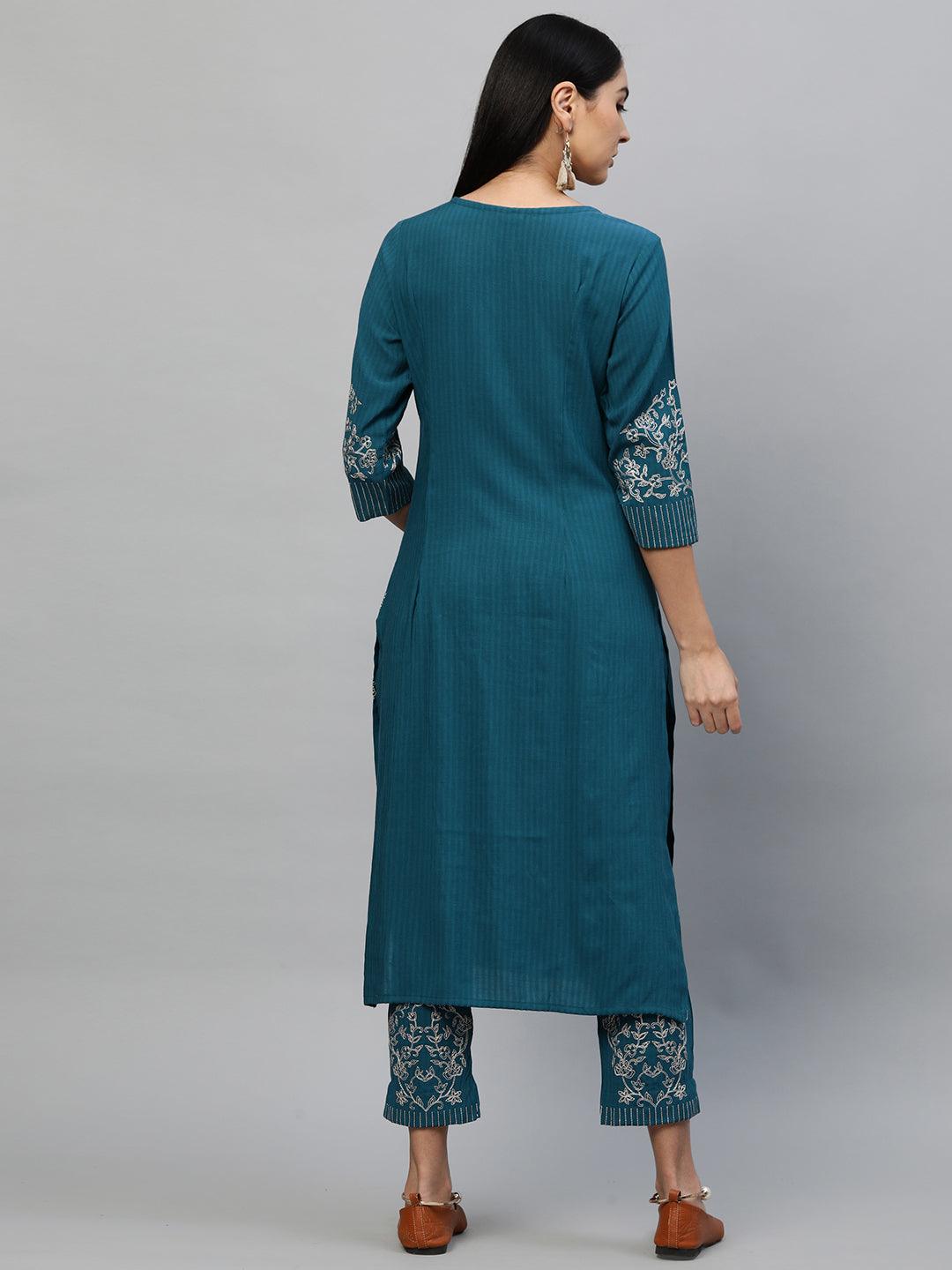 Ethnic Floral Embroidered Kurta & Pant – Teal Blue - Indiakreations