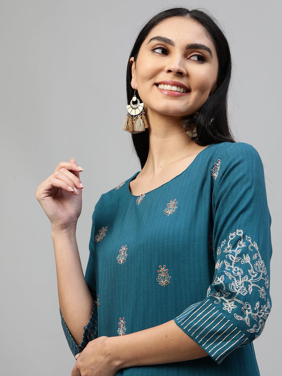 Ethnic Floral Embroidered Kurta & Pant – Teal Blue - Indiakreations