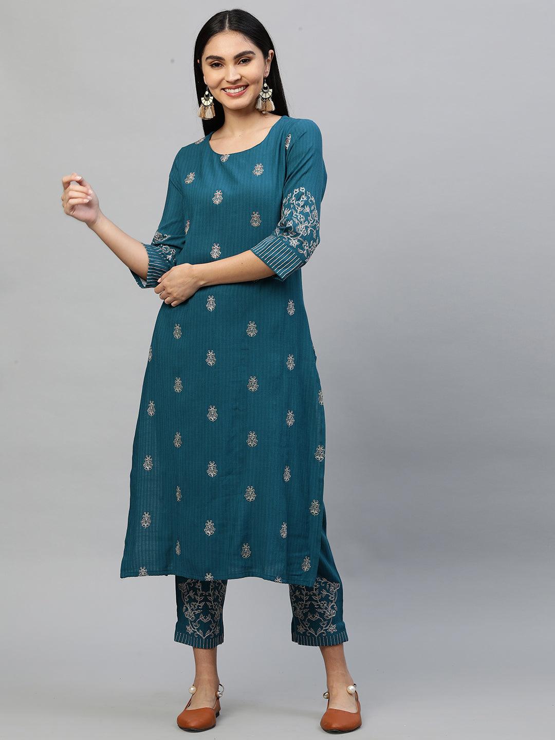 Ethnic Floral Embroidered Kurta & Pant – Teal Blue - Indiakreations