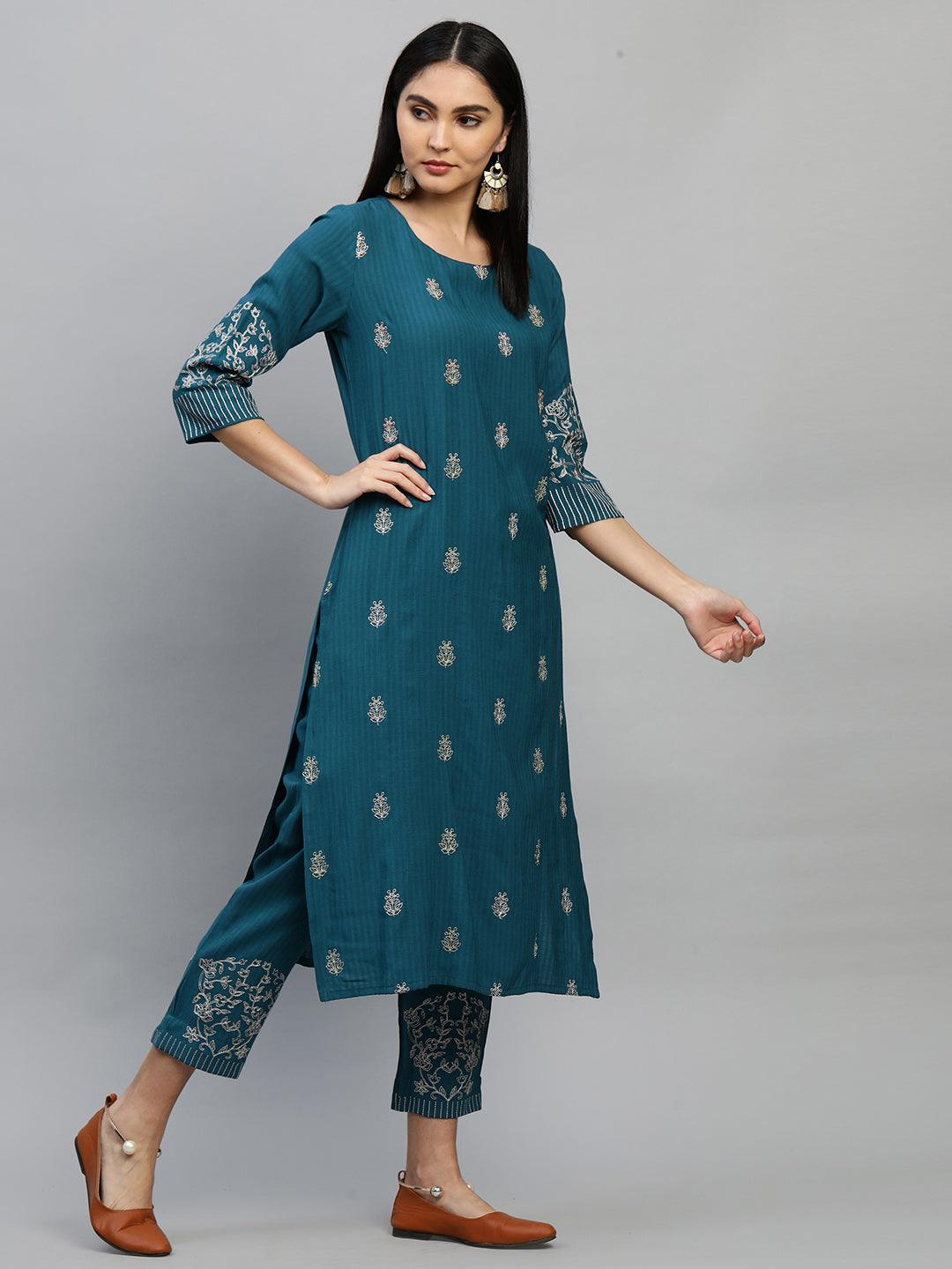 Ethnic Floral Embroidered Kurta & Pant – Teal Blue - Indiakreations