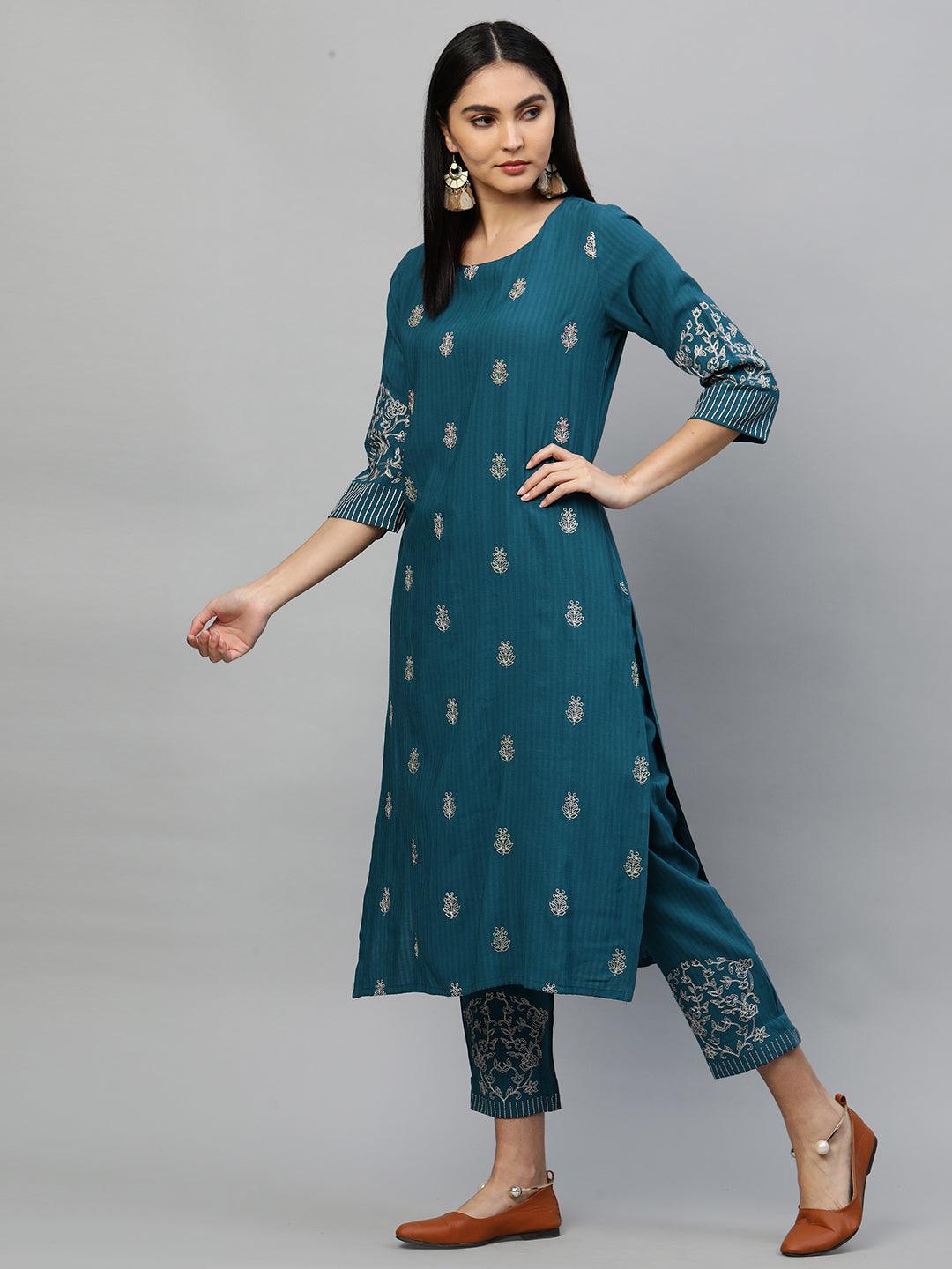 Ethnic Floral Embroidered Kurta & Pant – Teal Blue - Indiakreations