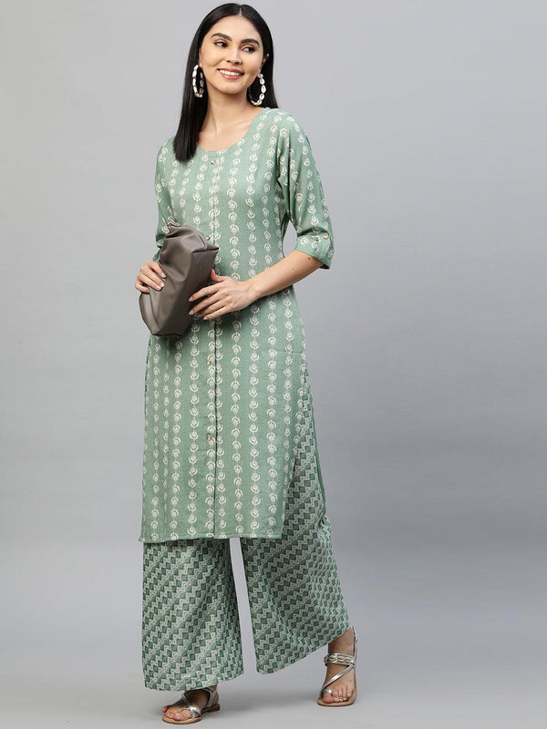 Ethnic Printed Kurta & Palazzo – Pastel Green - Indiakreations