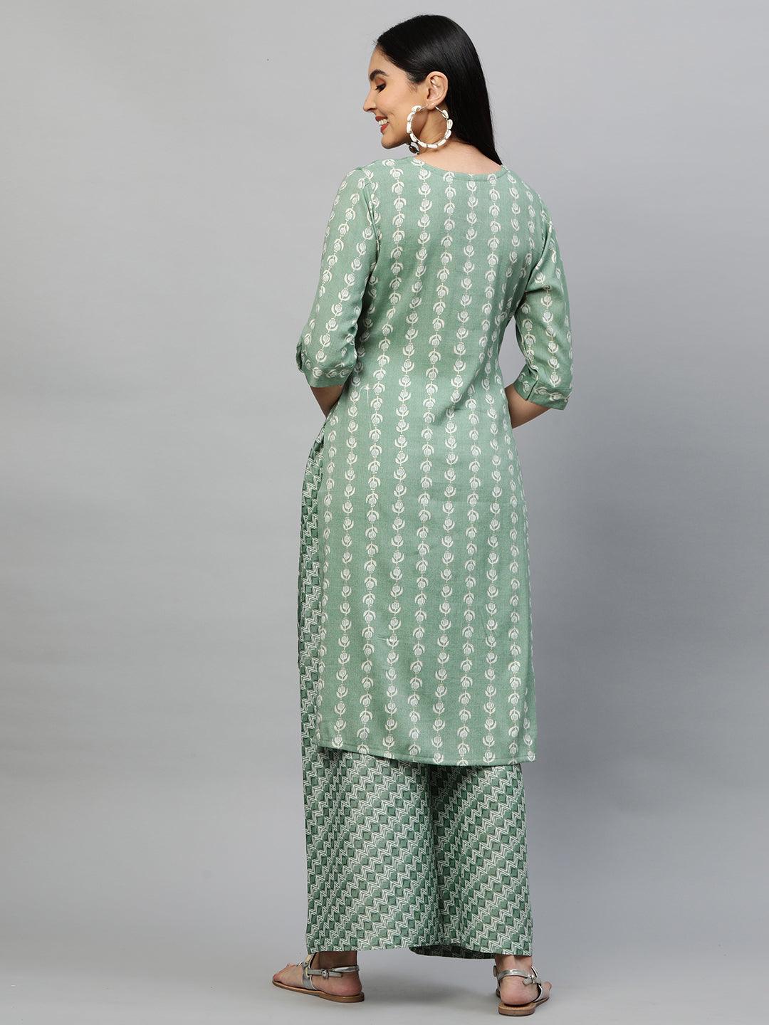 Ethnic Printed Kurta & Palazzo – Pastel Green - Indiakreations