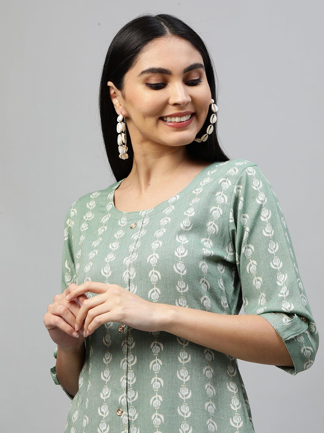 Ethnic Printed Kurta & Palazzo – Pastel Green - Indiakreations