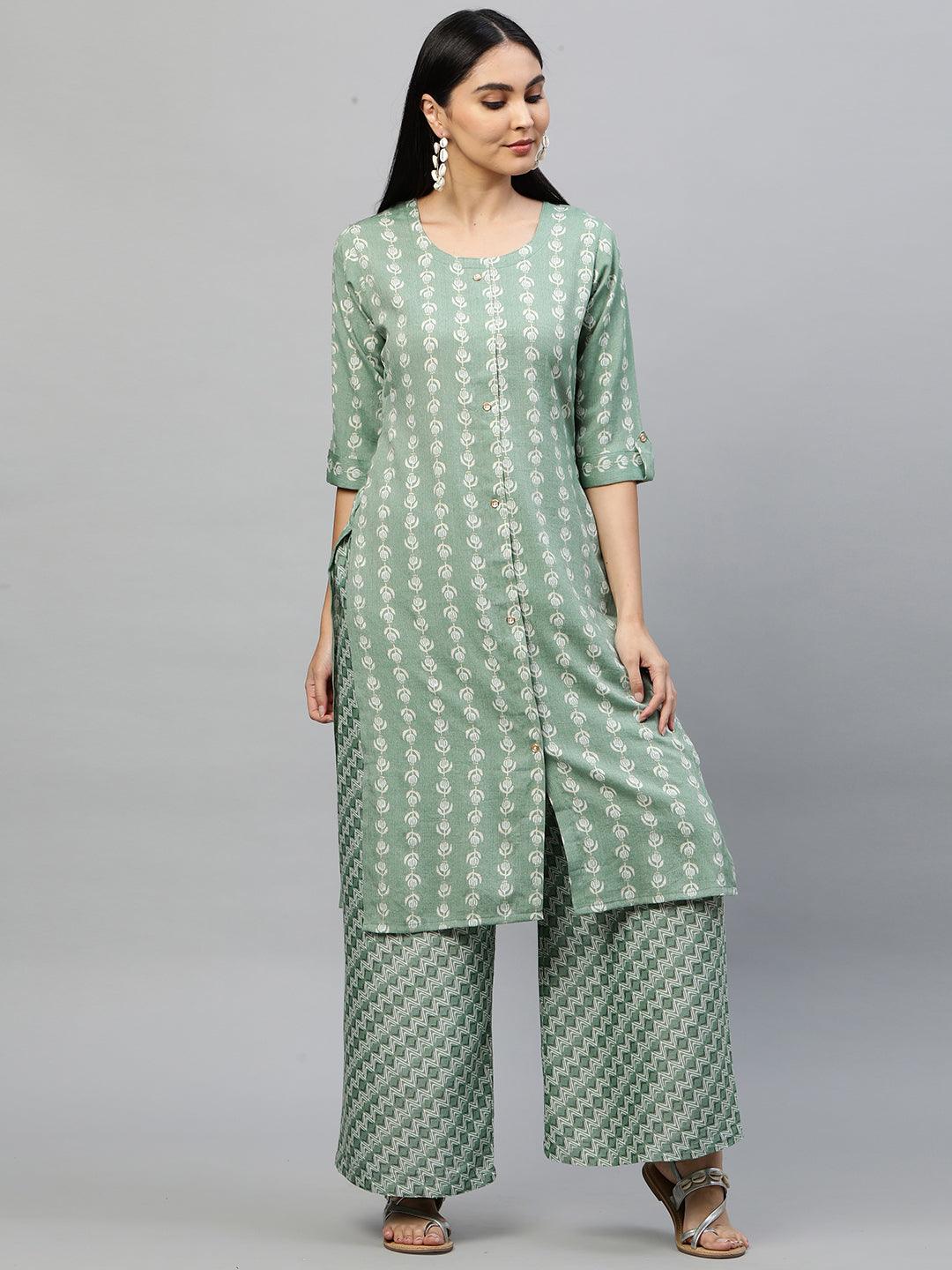 Ethnic Printed Kurta & Palazzo – Pastel Green - Indiakreations