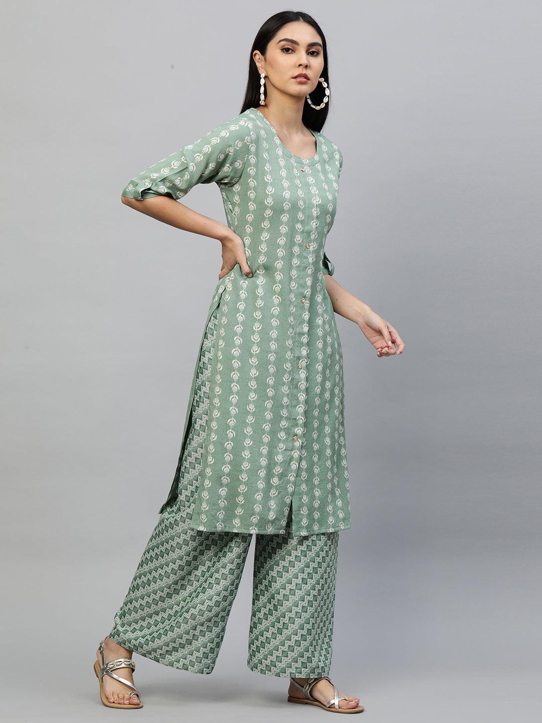 Ethnic Printed Kurta & Palazzo – Pastel Green - Indiakreations