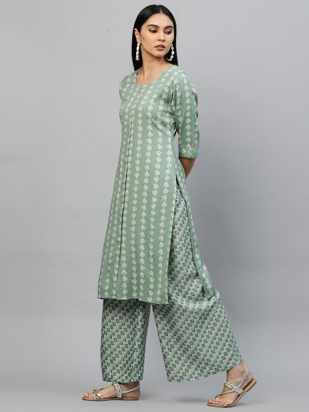 Ethnic Printed Kurta & Palazzo – Pastel Green - Indiakreations