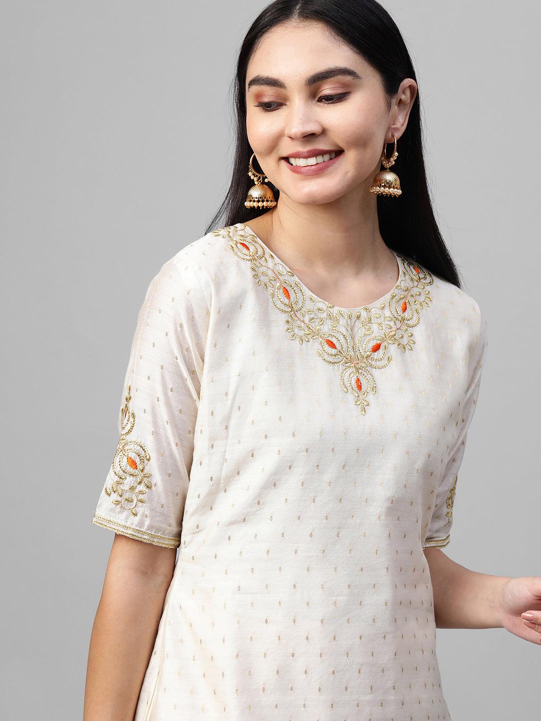 Festive Zari Embroidered & Woven Kurta & Bandhani Printed Dupatta - Off White - Indiakreations