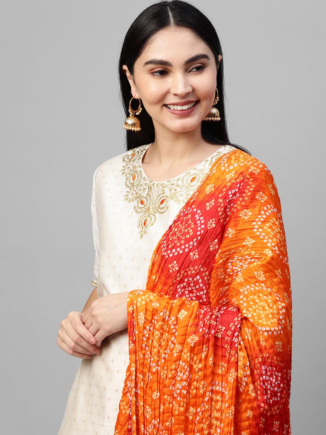 Festive Zari Embroidered & Woven Kurta & Bandhani Printed Dupatta - Off White - Indiakreations