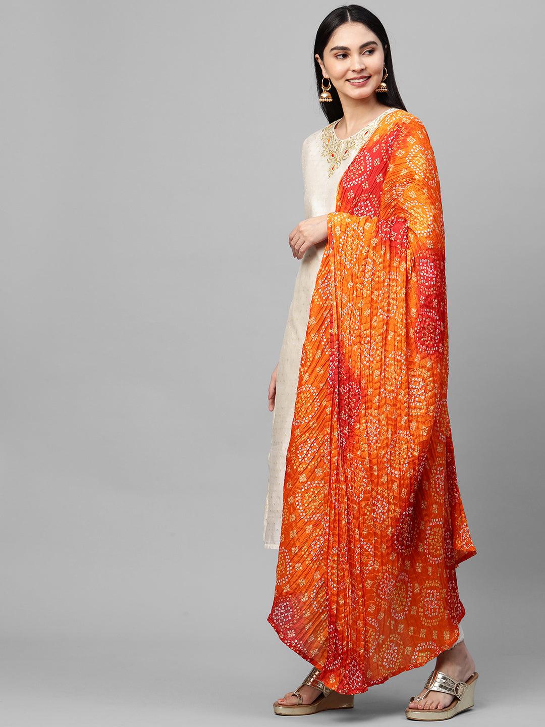 Festive Zari Embroidered & Woven Kurta & Bandhani Printed Dupatta - Off White - Indiakreations