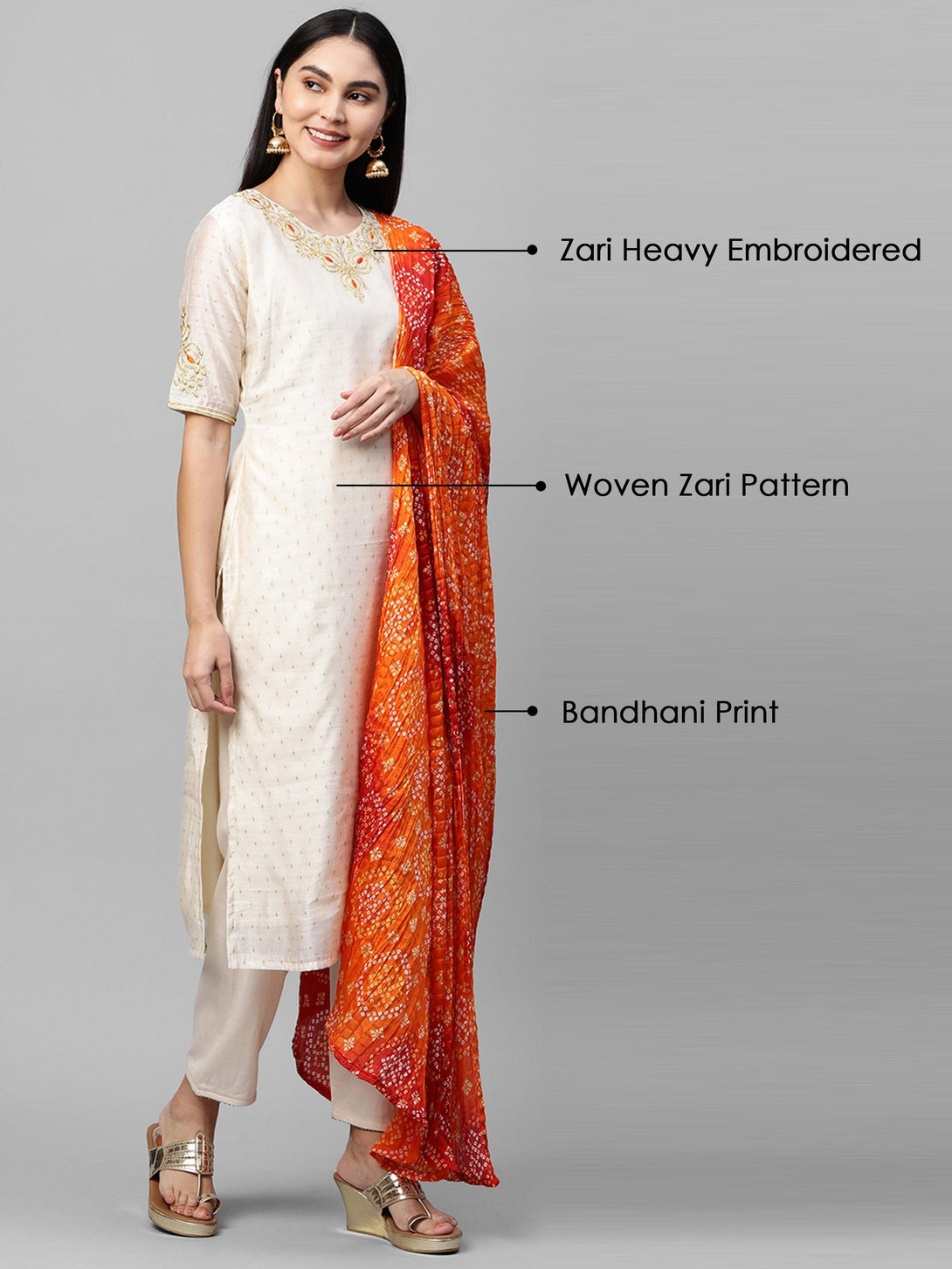 Festive Zari Embroidered & Woven Kurta & Bandhani Printed Dupatta - Off White - Indiakreations