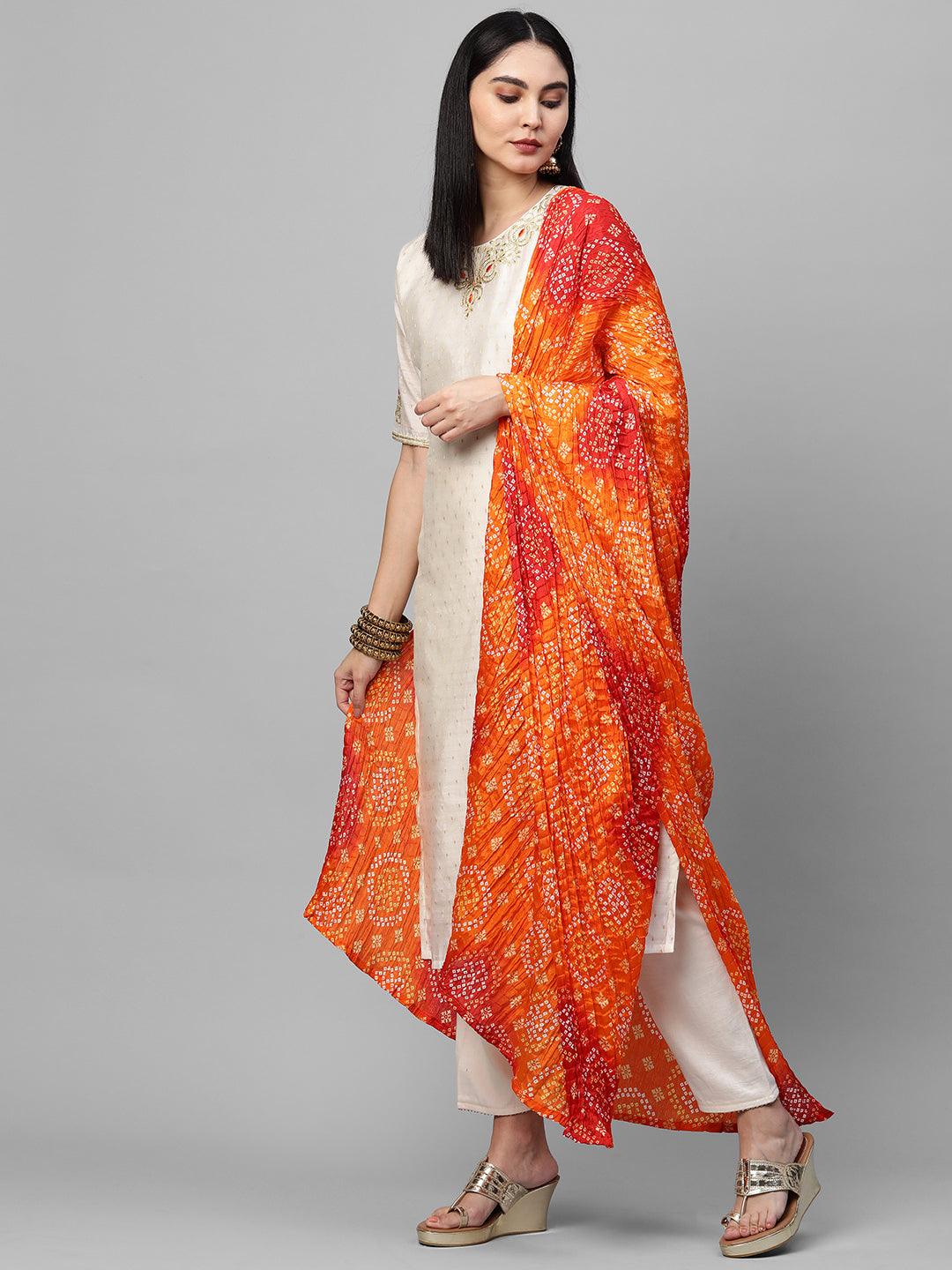 Festive Zari Embroidered & Woven Kurta & Bandhani Printed Dupatta - Off White - Indiakreations