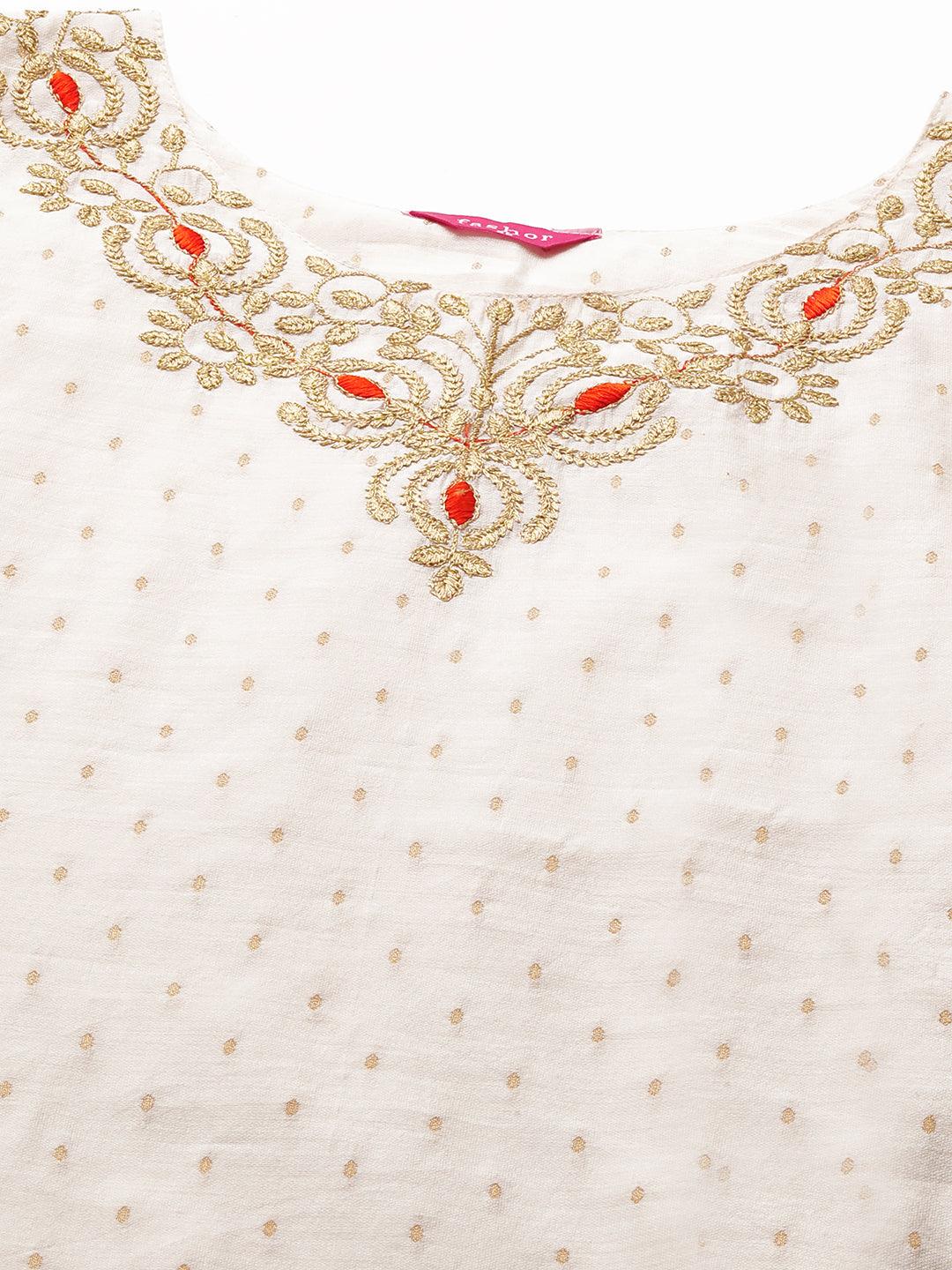 Festive Zari Embroidered & Woven Kurta & Bandhani Printed Dupatta - Off White - Indiakreations