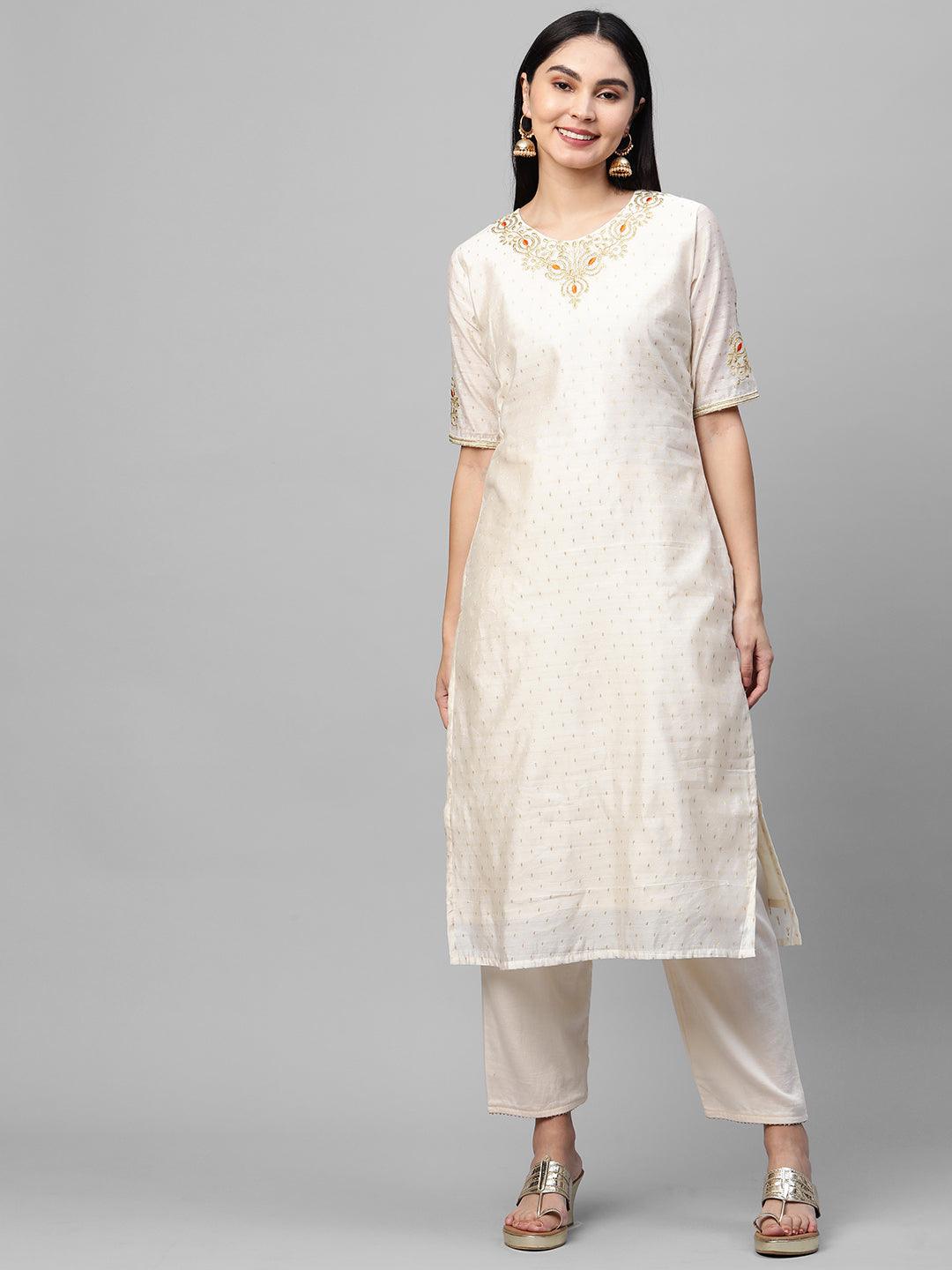 Festive Zari Embroidered & Woven Kurta & Bandhani Printed Dupatta - Off White - Indiakreations