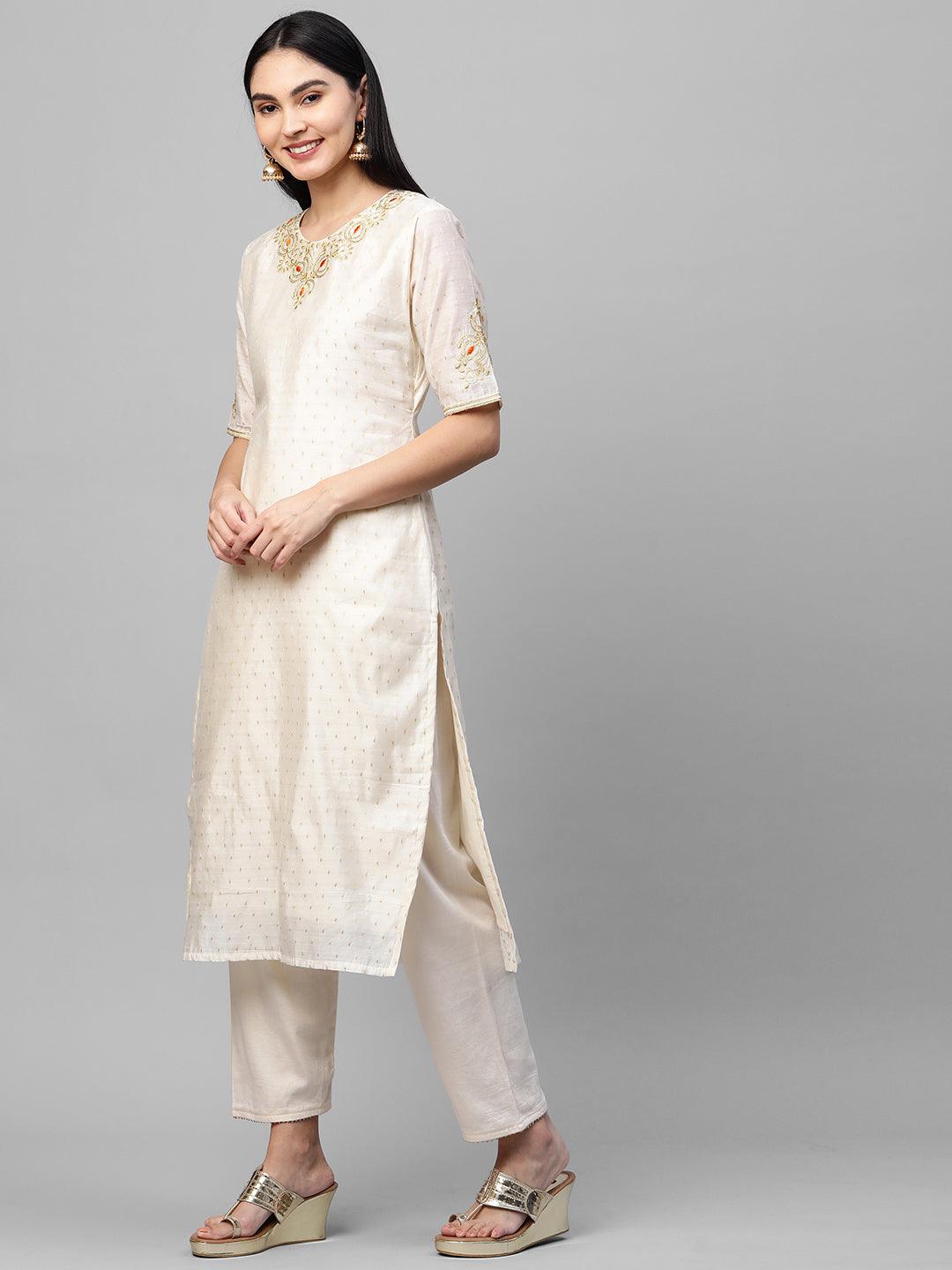 Festive Zari Embroidered & Woven Kurta & Bandhani Printed Dupatta - Off White - Indiakreations