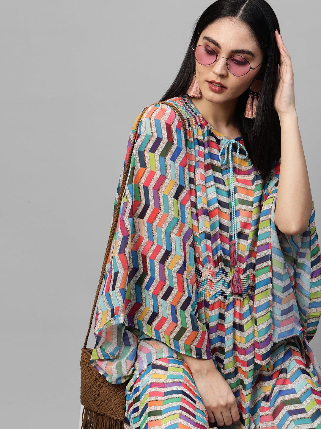 Colorful Printed Kaftan Style Maxi Dress - Multi - Indiakreations