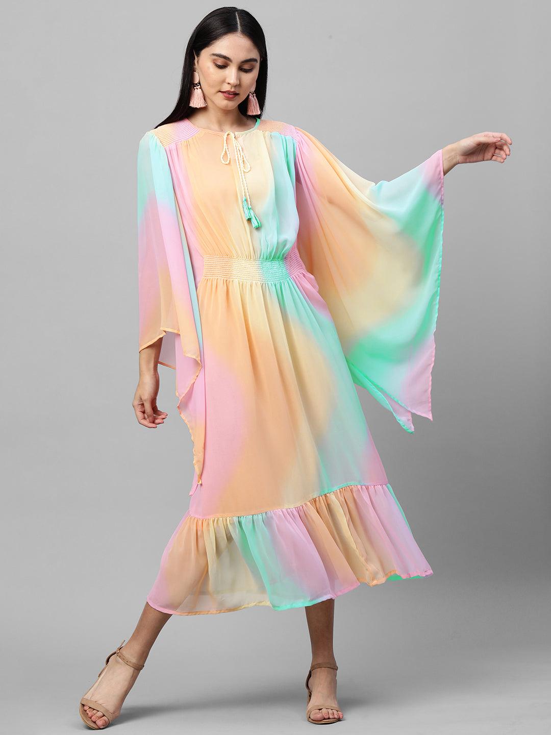 Colorful Ombre Printed Kaftan Style Maxi Dress - Multi - Indiakreations