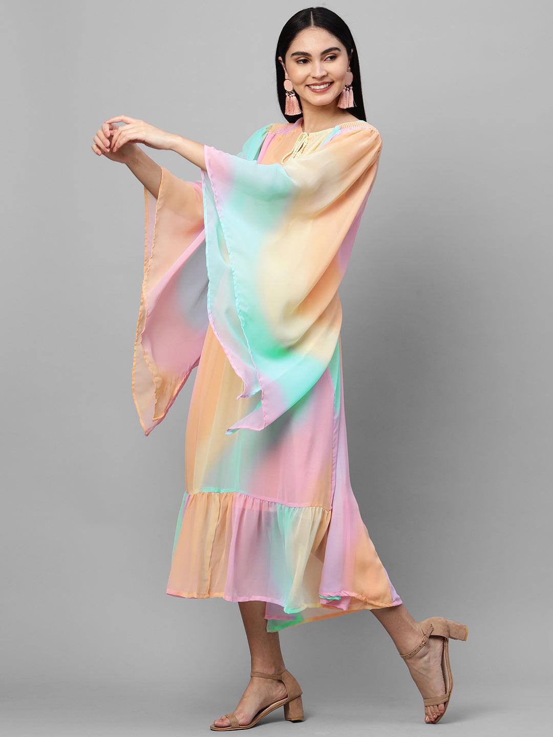 Colorful Ombre Printed Kaftan Style Maxi Dress - Multi - Indiakreations