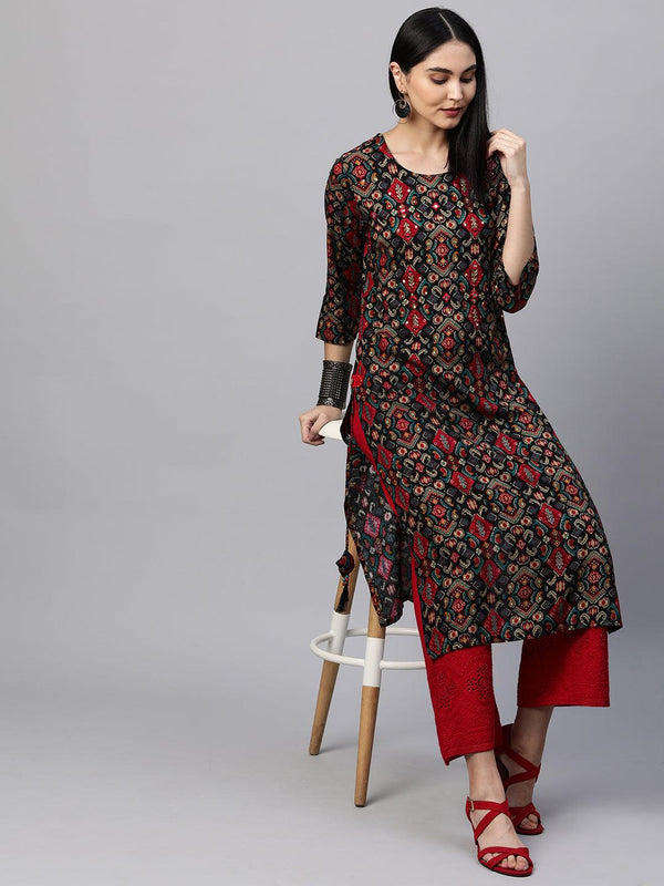 Hand Embroidered & Colorful Printed Kurta - Multi - Indiakreations