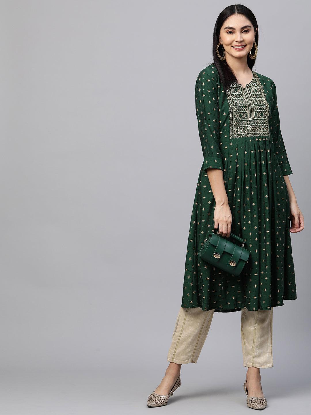 Festive Zari Embroidered & Foil Printed Flared Kurta - Emerald Green - Indiakreations